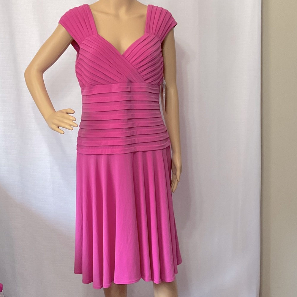 London Times Fuchsia Pleated Midi Dress